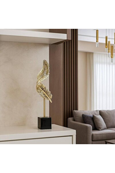 Oss elhetraf مجسم ريشة ذهبية ستانلس ستيل بقاعدة رخام – ديكور فاخر ارتفاع 49 سم