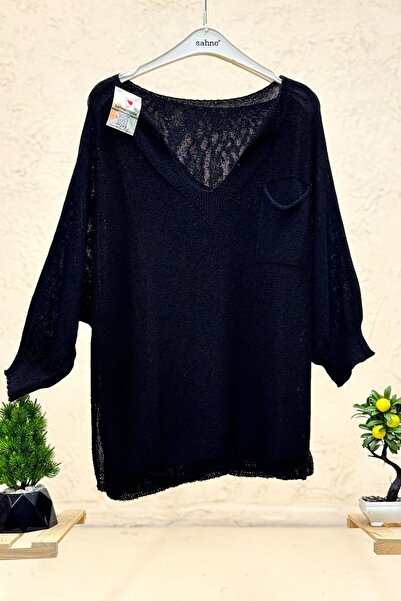 sahnemoda Single Pocket V-Neck Bat Mercerized Blouse