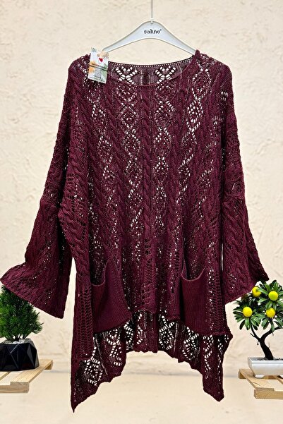 sahnemoda Openwork Square Neck Pocket Asymmetrical Organic Washed Sweater