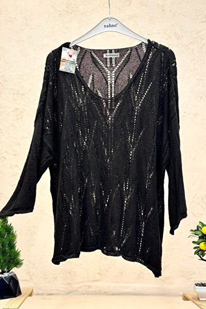 sahnemoda Openwork V-Neck Bat Mercerized Blouse