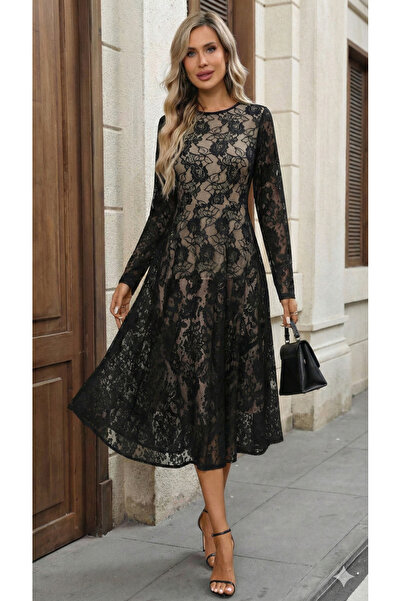 JANES Women's Long Sleeve Crew Neck Lace Lined Midi Dress