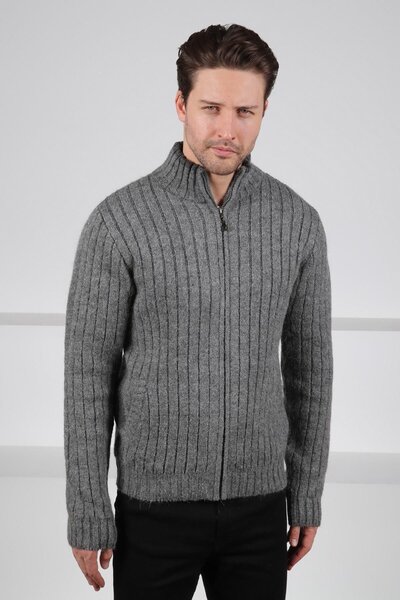 Ferraro Anthracite Zippered Mock Neck Pocket Alpaca and Wool Men's Knitwear Cardigan