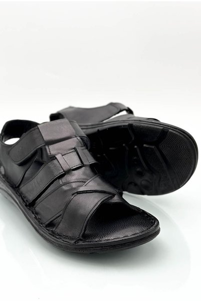 Generic Brand Genuine leather velcro men's sandals - black cross strap