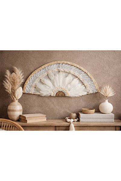 MoonArt Kuş Tüy Detaylı İnci Süslemeli Bohem Yelpaze