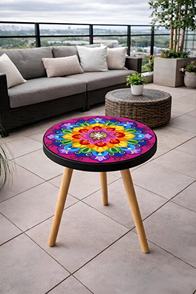 Boyut El Yapımı Mandala Desenli Yuvarlak Sehpa | 42x42 cm | Doğal Ahşap Ayak