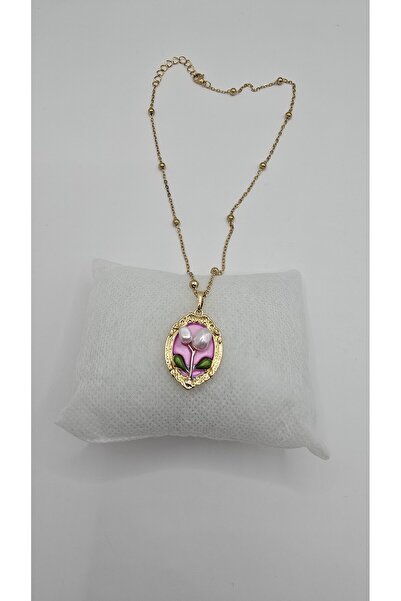 NO NAME Paslanmaz Çelik Gold Renk Zincir Vintage Lale Detay 2 li İnci Taşlı K...