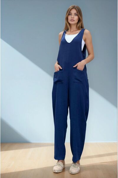Pasaklı Giyim Women's Navy Blue Muslin Jumpsuit with Oversized Straps and Pockets – 100% Cotton, Comfortable Relaxed Fit 3613462