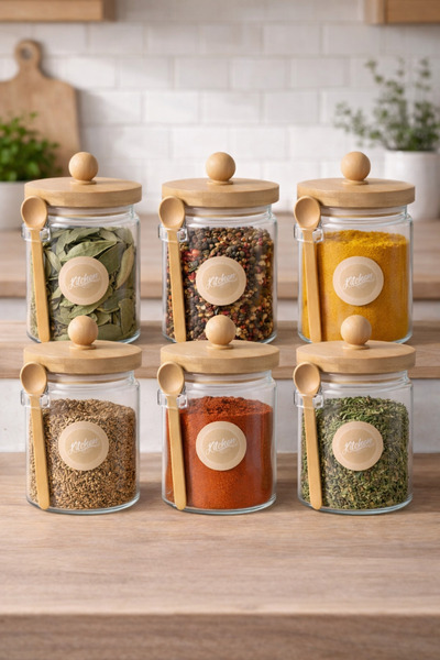 Kitchen Way 6-Piece Jar Spice Rack Set with Bamboo Spoon and Seal Lid 750ml Kw-740
