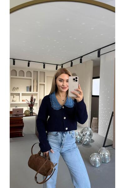 Sezgi Tekin Quilted Denim Collar Navy Blue Cardigan