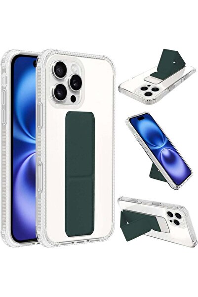 Generic Back Protection Cover with Finger Holder Compatible with iPhone 16 Pro, Transparent/Olive