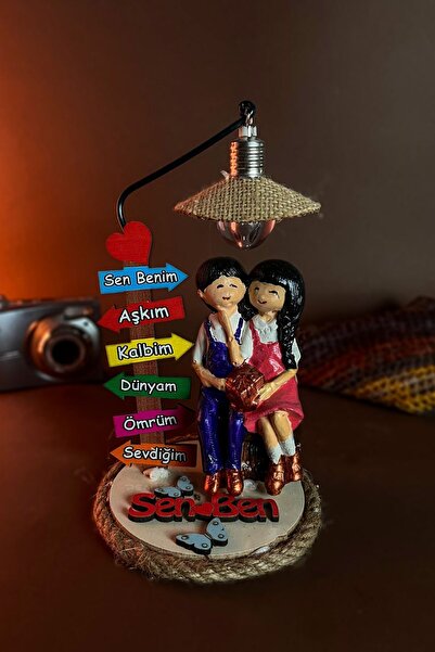 BOBİBLOS Yan Yana Oturan Çift Biblosu | Işıklı Hediyelik Eşya Ahşap Ev Dekoru...