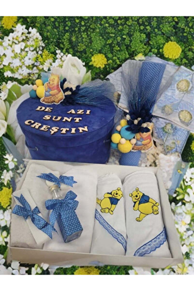 OBSIDION Set botez VELVET - cutie trusou lumanare - Winnie albastru