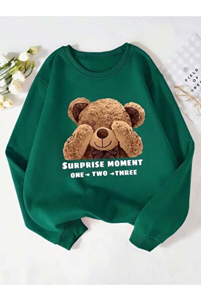 Trend Sizde Unisex Green Surpirse Printed Hooded Sweatshirt