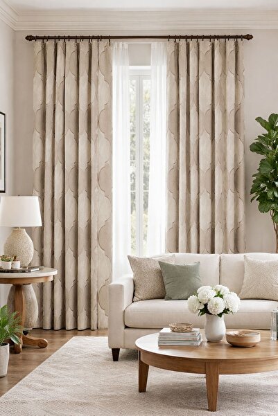 Tuğba Mefruşat Spor desenli 1/3pileli kahve kremrengi fon perde