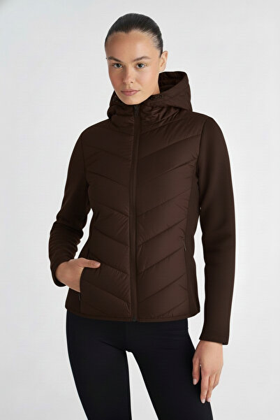 Safgiyim44 Women's Brown Hooded Pocket Casual Thermal Contrast Puffer Coat