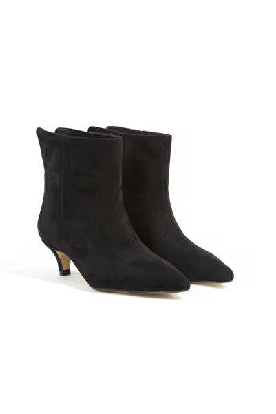 Black Suede Faux Leather Sewing Detailed Pointed Toe Slim Heels Stylish Casual Women's Boots Trend