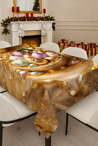 MonoHome Tablecloth – Golden Easter Rabbit and Egg Patterned Jacquard Woven Fabric Digital Printed