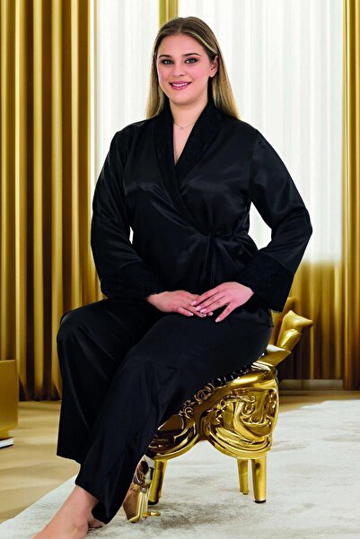 REN Set de pijamale din satin pentru femei de mărime mare, set de pijamale din satin cu legături în față