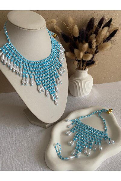 Handmade KUM BONCUK EL İŞİ MAVİ KOLYE VE ŞAHMERAN