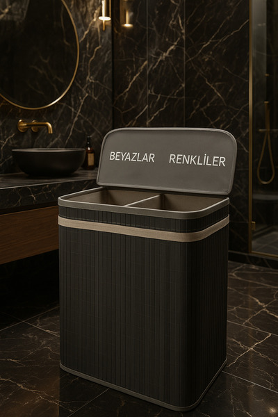 Tuğrastore Modern Bambu Beyazlar/Renkliler Ayrı Bölmeli Çamaşır Kirli Sepeti 52x32x60cm 100 Litre Büyük Boy