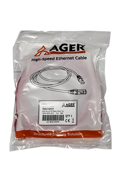 AGER Ac-602-030 3 Mt Utp Cat6 Patch Cable Red Cu, Lszh Awg 26/7
