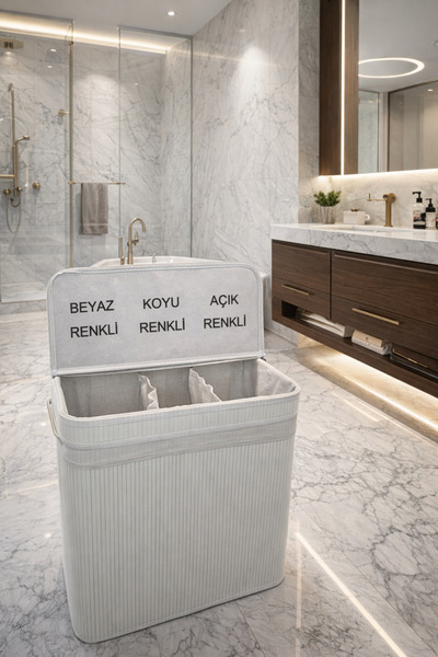 Tuğrastore Lüks Bambu 3 Bölmeli Çamaşır Kirli Sepeti 52x32x60cm Büyük Boy 100 Litre