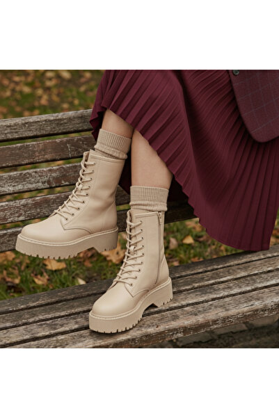 Büşra Çetin Women's Beige Lace-Up Zippered New Season Boots
