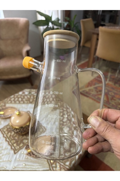 DİBA AVM 900ml Glass Oil Pot with Bamboo Lid, Heat Resistant, Oil/Vinegar/Sau...