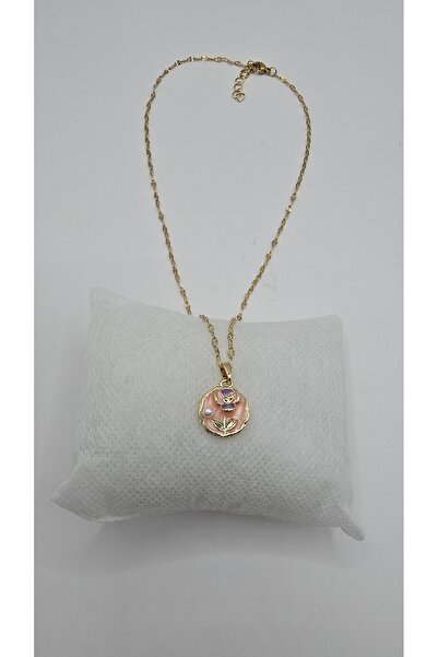 NO NAME Stainless Steel Gold Color Vintage Flower Themed Pink Enamel Pearl St...