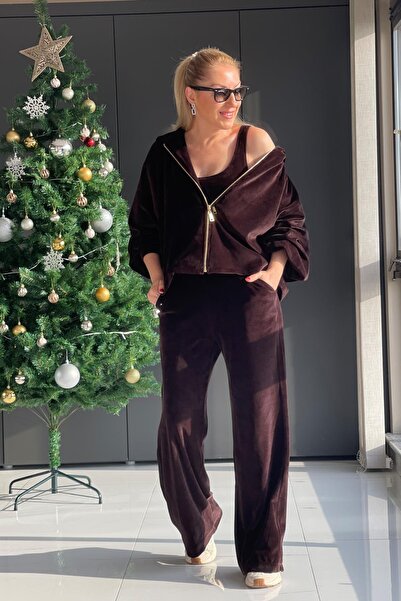 MİSLİNA BUTİK Kadife Üçlü Kahve Takım