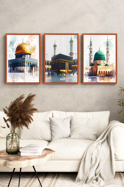 kutuTR BAKIR Ahşap Çerçeveli 2D UV Baskı 3’lü MDF Tablo Set – Kutsal Mekanlar...