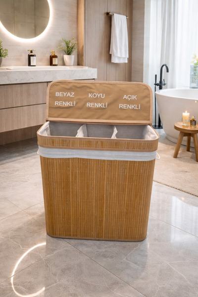 Tuğrastore Lüks Bambu 3 Bölmeli Çamaşır Kirli Sepeti 52x32x60cm Büyük Boy 100 Litre