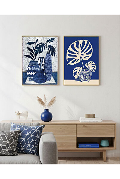 Linacci Set of Cobalt Gold Metal Frame Blue White Glass Painting Set