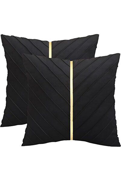 The Bros Black Velvet Throw Pillow Covers 18x18 inch Pack of 2 with Gold Leather Decorative Couch Pi