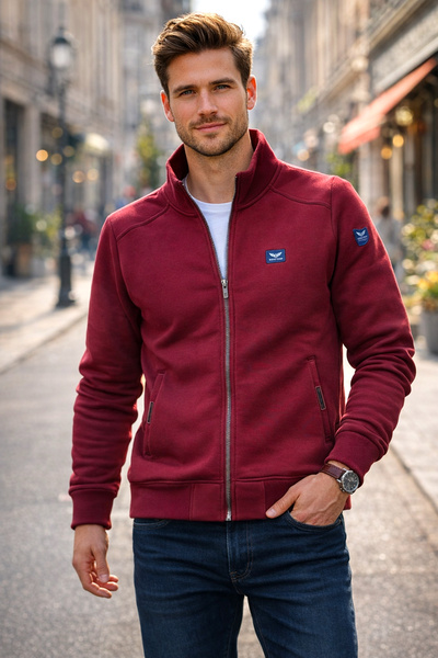 REMSA Men's Three Thread Sh Fleece-Lined Cotton Front Zipper Single Top Jacket 0347 Claret Red
