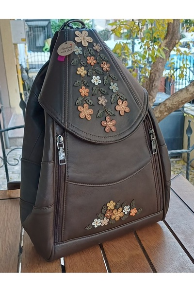 Durush Collection Genuine Leather, Designer Hand-Embroidered Brown Backpack