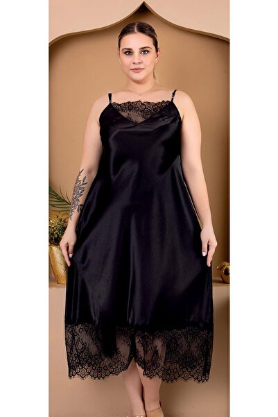 REN Γυναικείο Σετ Νυχτικό Σατέν Μεγάλου Μεγέθους, Σετ Νυχτικό Σατέν με Δαντελένια Λεπτομέρεια