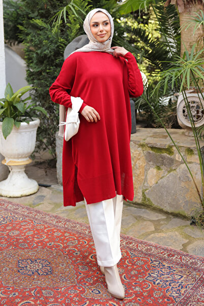 İmajButik تونيك تريكو طويل بتصميم كاجوال باللون العنابي