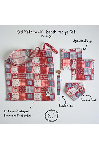 THELAKIDS 'Red Patchwork' Desen Müslin Kumaş Bebek 5’li Bakım Seti