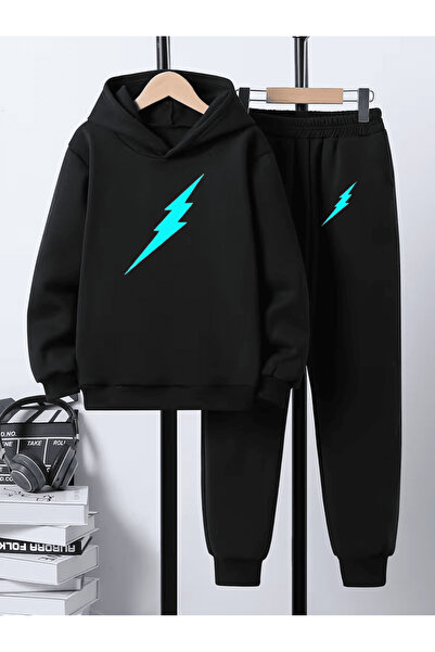 Ron8 طقم هودي وبنطال مطبوع بنقشة الصاعقة (Lightning)