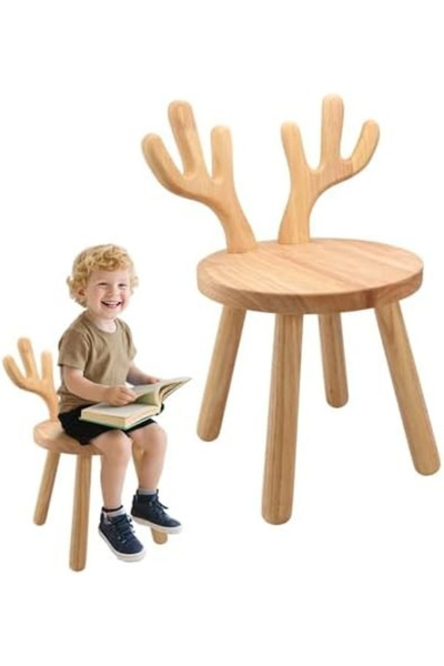 Generic Natural Wood Children's Stool with Elk Antlers, Perfect for Playing, ...