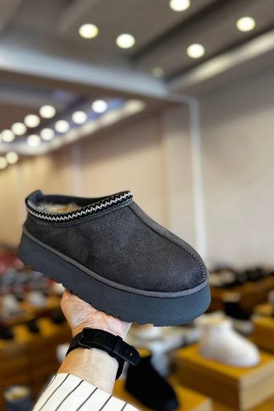 beelleshoe LUVİA Kadın/Kız Mini GRİ İçi Tüylü Süet Yarım Bot & Ev Terliği Kalın Taban (YAZILI)