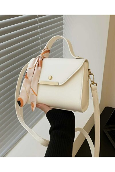METEBAGS Krem Suni Deri Fular Detaylı Omuz& El Çantası
