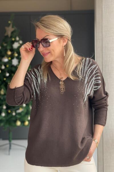 MİSLİNA BUTİK Melek Kanadı Taşlı Kahve Kazak