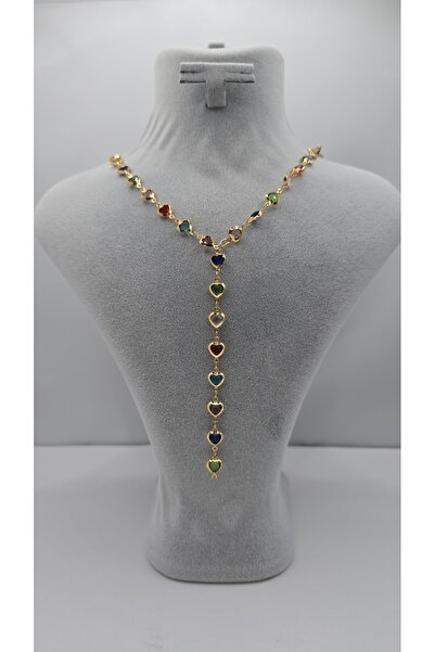 NO NAME Stainless Steel Gold Color Y Chain Heart Model Zircon Stone Necklace