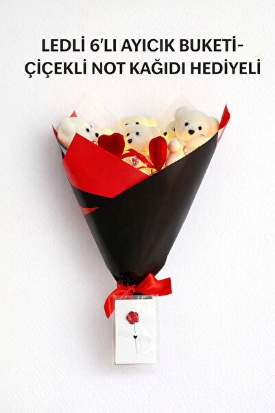 Melonİst Romantik LED Işıklı 6’lı Ayıcık Buketi – Not Kağıdı Hediyeli (Sevgil...
