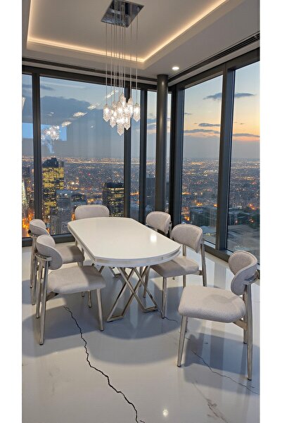 fursimo Venüs Serisi Beyaz Krom Detaylı Lak Panel Masa ve 6 Sandalyeli Yemek ...