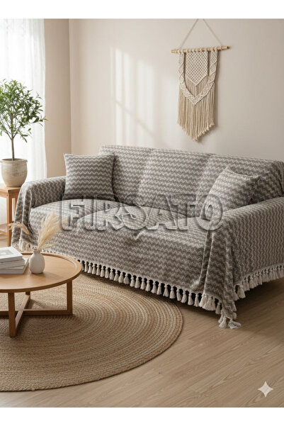 Fırsato Zigzag Desenli Koltuk Örtüsü 200x230cm Pamuklu | Yatak Örtüsü | Saçaklı