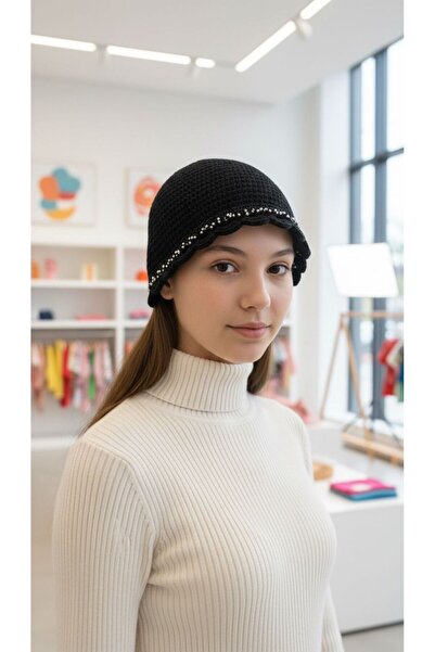 Gönülden Tasarım Hand Knitted Black Needle Embroidered Women's Beanie