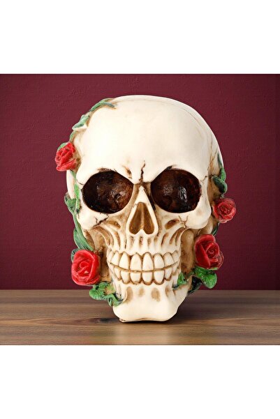 ELSELİFE Gotik Gül Desenli Kafatası Biblo Reçine Dekoratif Kuru Kafa Heykel C...